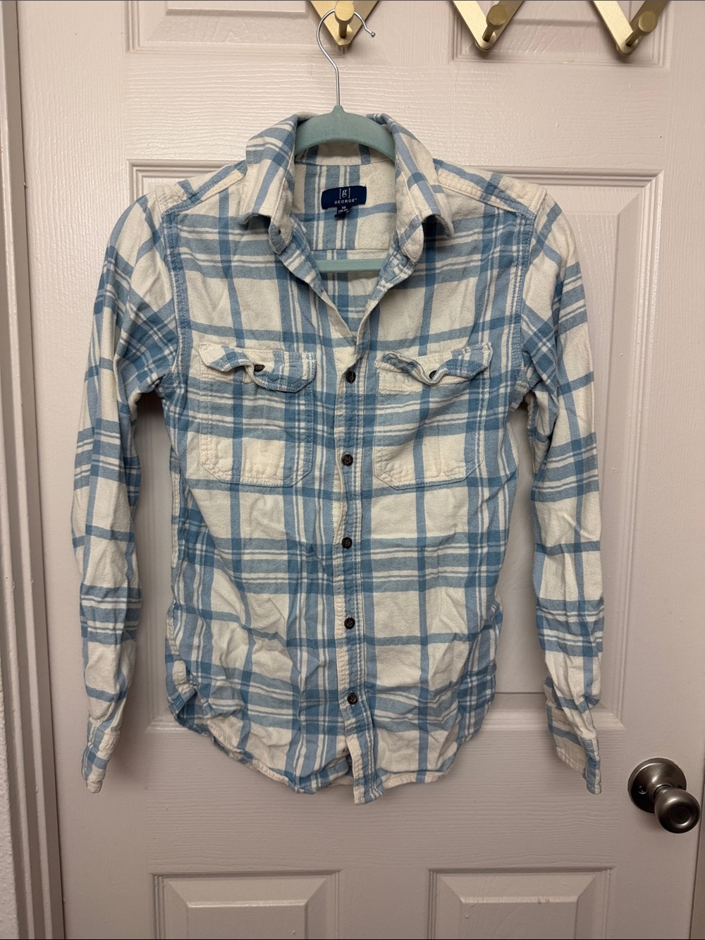 George Blue and White Plaid Button-Down Shirt